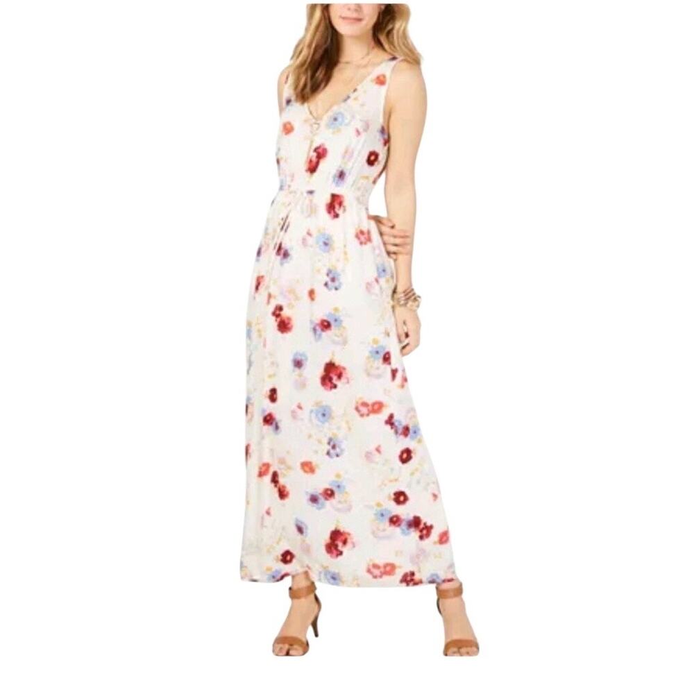 Lucky Brand Ivory Floral Midi Dress Medium Boho Summer Vacation Casual Sundress